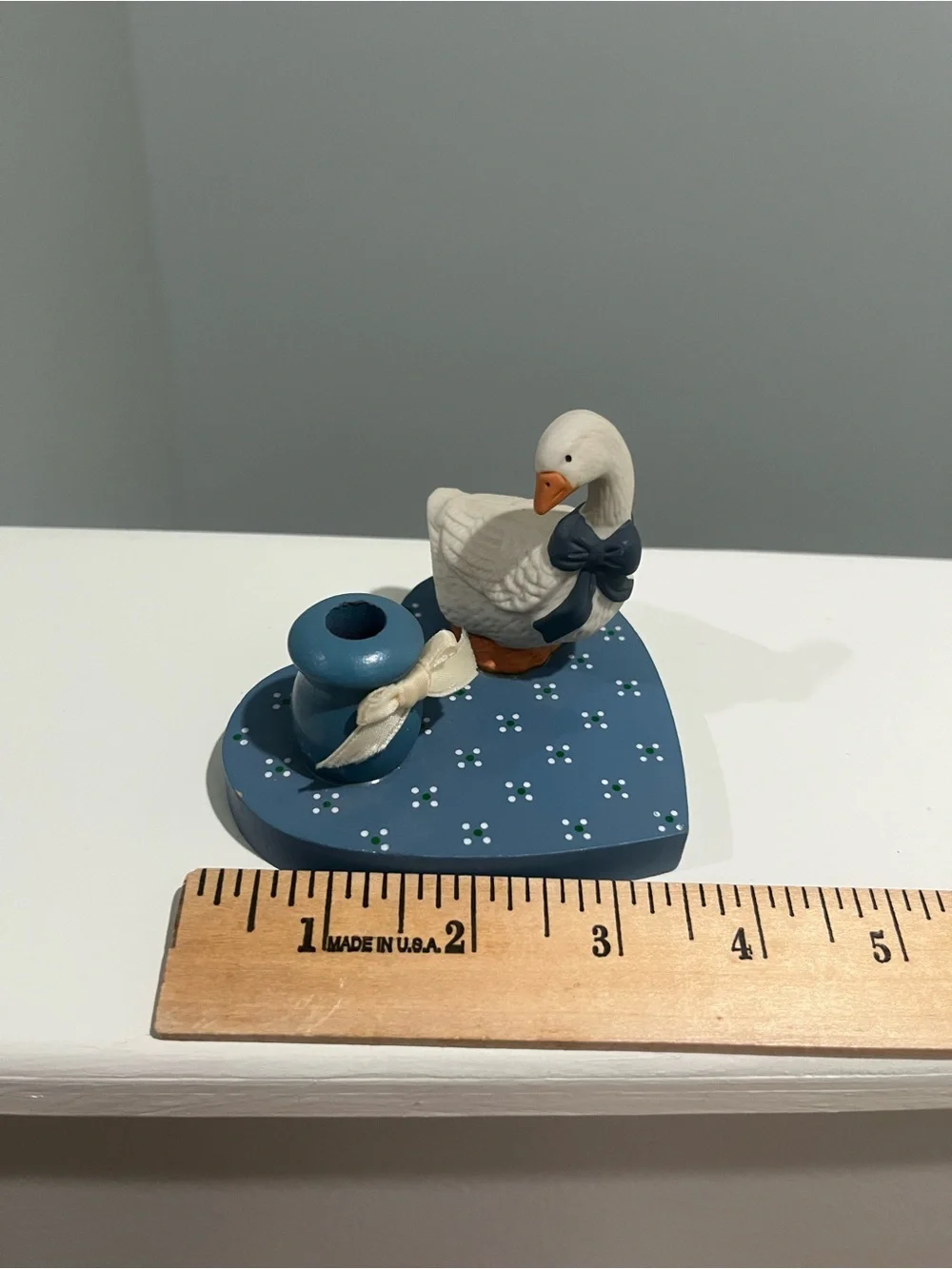 Cottagecore 1988 candle holder goose with bow Blue Heart Duck Figurine with Bow